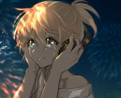 Rule 34 | 1boy, aqua eyes, bishounen, blonde hair, crying, crying with eyes open, eyes visible through hair, fire flower (vocaloid), fireworks, headphones, high ponytail, holding, kagamine len, looking up, male focus, off shoulder, parted lips, ponytail, shirt, short sleeves, solo, tears, upper body, vocaloid, white shirt, yoruhachi