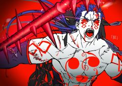 Rule 34 | 1boy, abs, angry, blood, blue hair, bodypaint, cu chulainn (fate), cu chulainn (fate) (all), cu chulainn (fate/stay night), cu chulainn alter (fate), cu chulainn alter (fate/grand order), dark blue hair, dark persona, earrings, facepaint, fate/grand order, fate (series), floating hair, gae bolg (fate), hair down, highres, injury, jewelry, lancer, light trail, long hair, male focus, monster boy, muscular, ohagi (takao), open mouth, pectorals, sharp teeth, skin tight, solo, spiked hair, tail, teeth, topless male, torn clothes, type-moon