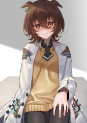 Rule 34 | 1girl, agnes tachyon (umamusume), animal ears, black neckwear, black pantyhose, black shirt, breasts, brown eyes, brown hair, collared shirt, commentary request, hair between eyes, horse ears, lab coat, looking at viewer, open clothes, pantyhose, parted lips, shaded face, shirt, small breasts, smile, solo, sweater vest, syhan, umamusume, vial