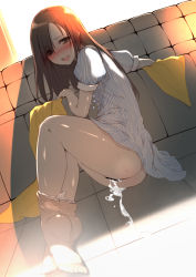Rule 34 | 10s, 1girl, aftersex, bad id, bad pixiv id, barefoot, blush, brown hair, clothes pull, couch, cum, cum in pussy, cum pool, cumdrip, dutch angle, feet, highres, idolmaster, idolmaster cinderella girls, jewelry, long hair, looking at viewer, mizumoto yukari, necklace, on floor, ooji, open mouth, panties, panties around ankles, panty pull, pantyhose, pantyhose pull, puffy sleeves, saliva, short sleeves, sitting, soles, solo, sweat, underwear, white panties