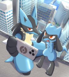 Rule 34 | 2others, absurdres, animal ears, building, cellphone, closed mouth, creatures (company), full body, game freak, gen 4 pokemon, highres, holding, indoors, lucario, multiple others, niku1441, nintendo, no humans, open mouth, phone, pokemon, pokemon (creature), red eyes, riolu, selfie, smartphone, smile, spikes, standing, tail, window