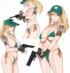 Rule 34 | 1girl, arm tattoo, bare shoulders, baseball cap, bikini, black gloves, blonde hair, breasts, cleavage, collarbone, cropped legs, feet out of frame, fingerless gloves, fingernails, flower tattoo, gloves, gongba laoge, green bikini, green hat, gun, handgun, hat, highres, holding, holding gun, holding weapon, large breasts, long hair, looking at viewer, looking away, mole, mole under mouth, nail polish, navel, navel piercing, open mouth, original, out of frame, parted lips, piercing, pink nails, ponytail, print headwear, purple eyes, sideboob, solo, standing, star (symbol), star print, swimsuit, tattoo, weapon, white background