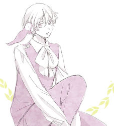 Rule 34 | 1boy, adapted costume, animal, animal on shoulder, axis powers hetalia, bad id, bad pixiv id, bird, bird on shoulder, bow, bowtie, colored skin, iceland (hetalia), long sleeves, looking at viewer, male focus, monochrome, pants, pet, purple theme, simple background, sitting, snake mike, solo, v arms, vest, white background, white skin