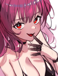 Rule 34 | 1girl, :d, black dress, breasts, cleavage, collarbone, dress, finger cots, goddess of victory: nikke, highres, large breasts, light blush, looking at viewer, mole, mole under eye, open mouth, papillon (nikke), pink hair, red eyes, simple background, smile, solo, tatakita, white background