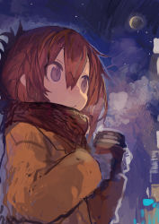 Rule 34 | 1girl, absurdres, alternate costume, brown coat, brown eyes, brown hair, brown scarf, coat, coffee cup, cup, disposable cup, folded ponytail, hair between eyes, highres, holding, holding cup, inazuma (kancolle), kaamin (mariarose753), kantai collection, long hair, long sleeves, scarf, solo, upper body
