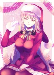 Rule 34 | 1girl, absurdres, bow, breasts, fate/grand order, fate (series), florence nightingale (fate), florence nightingale (santa) (fate), fur-trimmed sleeves, fur trim, gloves, hat, highres, huge filesize, large breasts, long hair, pantyhose, pink hair, red eyes, santa hat, sitting, skirt, smile, solo, suyohara, wariza, white gloves
