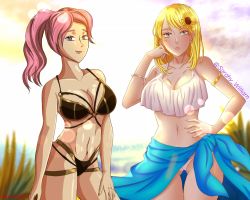 Rule 34 | 2girls, bare shoulders, bikini, black clover, blonde hair, blue eyes, breasts, charlotte roselei, closed mouth, derxon, flower, flower on head, highres, horse tail, large breasts, long hair, multiple girls, pink hair, plant, purple eyes, sarahy william, smile, sunset, swimsuit, tagme, tail, vanessa enoteca, water