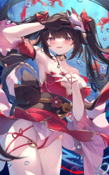 1girl absurdres arm_up armpits bare_shoulders bell black_choker black_hair breasts brown_gloves choker cowboy_shot detached_sleeves dress fox_mask gloves hand_on_own_chest highres honkai:_star_rail honkai_(series) jingle_bell kuroida long_hair looking_at_viewer mask mask_on_head medium_breasts mole mole_under_eye obi open_mouth panties pink_panties red_dress red_eyes sash short_dress single_glove smile solo sparkle_(honkai:_star_rail) strapless strapless_dress thighs twintails underwear very_long_hair