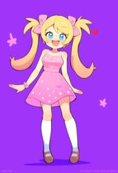 Rule 34 | 1girl, animated, audible music, blonde hair, blue eyes, bow, breasts, brown footwear, dancing, dress, hair bow, heart (symbol), hybrid animation, kneehighs, live2d, long twintails, looping animation, mary janes, medium breasts, pink bow, pink dress, polka dot, polka dot dress, purple background, scrunchie, shoes, simple background, smile, socks, solo, sound, star (symbol), tagme, twintails, video, white socks, wrist scrunchie