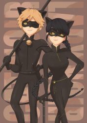 Rule 34 | 1boy, 1girl, adrien agreste, animal ears, black bodysuit, black hair, black mask, blonde hair, bodysuit, braid, cat boy, cat ears, cat girl, cat tail, chat noir, closed mouth, green eyes, highres, holding, holding weapon, lady noir, long hair, looking at another, marinette dupain-cheng, miraculous ladybug, one eye closed, p 374, short hair, single braid, slit pupils, smile, superhero costume, tail, very long hair, weapon