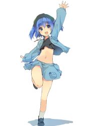 Rule 34 | 1girl, arm up, bad id, bad twitter id, blue eyes, blue hair, full body, hair bobbles, hair ornament, hasebe yuusaku, hat, jewelry, kawashiro nitori, key, long sleeves, looking at viewer, matching hair/eyes, midriff, navel, necklace, shirt, shoes, short hair, simple background, skirt, smile, socks, solo, standing, touhou, twintails, two side up, vest, white background, white socks