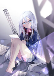 Rule 34 | 1girl, absurdres, bare legs, barefoot, blue jacket, blurry, blurry foreground, blush, closed mouth, collarbone, depth of field, dolphin shorts, full body, grey hair, grey shorts, hair between eyes, headphones, headphones around neck, highres, holding, jacket, knees up, legs, legs together, long hair, long sleeves, looking at viewer, on ground, open clothes, open jacket, panties, panty peek, pen, project sekai, shadow, shigure (sigre), short shorts, shorts, sitting, solo, thighs, toes, track jacket, twitter username, underwear, very long hair, white panties, yoisaki kanade