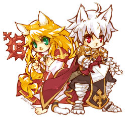 Rule 34 | 1boy, 1girl, armor, breastplate, cape, cat boy, cat girl, chainmail, closed mouth, commentary request, crosier, cross, dress, full body, furry, furry female, furry male, gauntlets, green eyes, hair between eyes, high priest (ragnarok online), holding, holding staff, holding sword, holding weapon, juliet sleeves, leg armor, long hair, long sleeves, looking at viewer, lord knight (ragnarok online), low-tied long hair, lowres, margaretha sorin, open mouth, pauldrons, puffy sleeves, ragnarok online, red cape, red dress, red eyes, ro mugi, sash, scabbard, seyren windsor, sheath, short hair, shoulder armor, smile, spiked gauntlets, staff, sword, tabard, two-tone dress, weapon, white dress, white hair, white sash