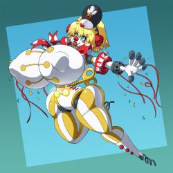 Rule 34 | 1girl, aegis (persona), bimbofication, blonde hair, blue eyes, breasts, clown, clown nose, collar, covered erect nipples, female focus, henshin, high heels, highres, huge breasts, latex, lips, persona, polka dot, puffy nipples, rainbow, red nose, simple background, transformation, transformation (object), white background