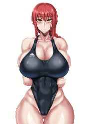 Rule 34 | 1girl, absurdres, alternate breast size, black one-piece swimsuit, braid, breasts, brown eyes, cameltoe, censored, chainsaw man, cleft of venus, covered navel, curvy, erection, game cg, highleg, highleg swimsuit, highres, huge breasts, long hair, looking at viewer, makima (chainsaw man), one-piece swimsuit, puripuri jet, red hair, shiny clothes, shiny skin, simple background, single braid, standing, swimsuit, thick thighs, thighs, very long hair, white background, wide hips