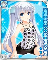 Rule 34 | 1girl, black shorts, blue background, blue eyes, blunt bangs, card, character name, closed mouth, girlfriend (kari), lunging, miss monochrome, miss monochrome (character), official art, qp:flapper, shirt, shorts, smile, solo, tagme, twintails, white hair, white shirt, workout clothes