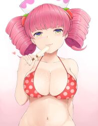 Rule 34 | 1girl, absurdres, blunt bangs, blush, bra, breasts, drill hair, dripping, food, food-themed hair ornament, hair ornament, hat, heart, highres, holding, holding food, large breasts, milk (pop&#039;n music), navel, nurse cap, pink hair, polka dot, polka dot bra, pop&#039;n music, popsicle, sexually suggestive, simple background, smile, solo, stomach, strawberry hair ornament, temari rin, twin drills, underwear, white background, yellow eyes