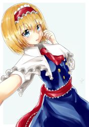 Rule 34 | 1girl, :d, alice margatroid, ascot, bad id, bad pixiv id, blonde hair, blue eyes, blush, capelet, commentary, dress, twirling hair, hairband, highres, lolita fashion, lolita hairband, looking at viewer, open mouth, reaching, reaching towards viewer, sash, selfie, short hair, signature, smile, solo, touhou, yuki (snowmaiden)