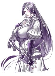 Rule 34 | 1girl, blush, breasts, closed mouth, contrapposto, covered navel, cowboy shot, cropped legs, covered erect nipples, fate/grand order, fate (series), fingerless gloves, gloves, hand on own chest, large breasts, legs apart, long hair, looking at viewer, minamoto no raikou (fate), monochrome, nail polish, pink eyes, pink lips, puffy sleeves, purple hair, red nails, rope, simple background, smile, solo, spot color, standing, tabard, tenobe, vambraces, very long hair, white background
