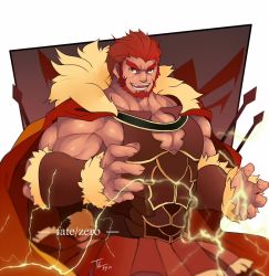 Rule 34 | 1boy, armor, bara, beard, bracer, breastplate, cape, cleavage cutout, clothing cutout, facial hair, fate/zero, fate (series), feet out of frame, fur-trimmed cape, fur trim, grin, iskandar (fate), large pectorals, leather, lightning, looking at viewer, male focus, mature male, muscular, muscular male, pectoral cleavage, pectorals, red eyes, red hair, short hair, sidepec, smile, solo, tengo (maotengo), thick eyebrows