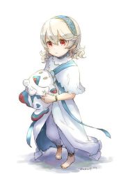 Rule 34 | 1girl, aged down, barefoot, closed mouth, corrin (female) (fire emblem), corrin (fire emblem), dated, dress, fire emblem, fire emblem fates, full body, hairband, lilith (fire emblem), nintendo, pointy ears, red eyes, robaco, short hair, simple background, solo, standing, stuffed toy, twitter username, white background, white dress, white hair