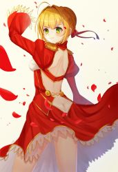 Rule 34 | 10s, 1girl, ahoge, arched back, arm up, ass, blonde hair, blush, breasts, butt crack, closed mouth, commentary request, cowboy shot, dress, epaulettes, fate/extra, fate (series), frilled dress, frilled sleeves, frills, from behind, green eyes, hair ribbon, highres, looking at viewer, looking back, nero claudius (fate), nero claudius (fate) (all), nero claudius (fate/extra), omelet tomato, petals, red dress, ribbon, shoulder blades, smile, solo