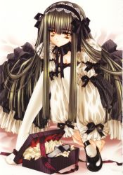 Rule 34 | 1girl, bow, box, breasts, brown eyes, brown hair, carnelian, cleavage, gift, goth fashion, gothic lolita, highres, leggings, lolita fashion, mary janes, pantyhose, ribbon, shoes, single shoe, solo, thighhighs, white pantyhose