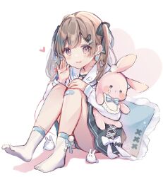 Rule 34 | 1girl, bandaid, bandaid on knee, bandaid on leg, black ribbon, blush, bow, brown hair, commentary, hair ornament, hair ribbon, hairclip, heart, looking at viewer, original, parted lips, pillow, pleated skirt, purple eyes, ribbon, sencha (senta 10), sitting, skirt, solo, string, string of fate, stuffed animal, stuffed rabbit, stuffed toy, symbol-only commentary
