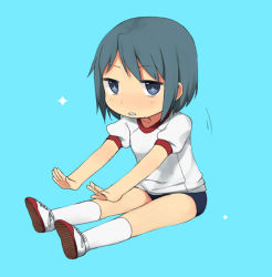 Rule 34 | + +, 10s, 1girl, blue background, blue eyes, blue hair, chibi, full body, gym uniform, kneehighs, looking at viewer, mahou shoujo madoka magica, mahou shoujo madoka magica (anime), matching hair/eyes, miki sayaka, outstretched arms, shoes, simple background, sitting, socks, solo, stretching, tsuduya (knt31)