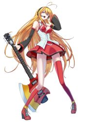 Rule 34 | 1girl, asymmetrical legwear, axe, bad id, bad pixiv id, blonde hair, blue eyes, breasts, cleavage, cleavage cutout, clothing cutout, detached sleeves, electric guitar, full body, guitar, headset, highres, instrument, kneehighs, long hair, long legs, medium breasts, mismatched legwear, necktie, open mouth, platform footwear, popepe, single thighhigh, skirt, socks, solo, thighhighs, transparent background, tsurumaki maki, very long hair, vocaloid, voiceroid, weapon