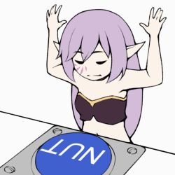 Rule 34 | 1girl, animated, animated gif, closed eyes, flat chest, hair between eyes, kaleina (ricegnat), lightning, long hair, meme, navel, original, pointy ears, pressing, purple hair, push-button, ricegnat, sidelocks, simple background, smile, solo, strapless, tube top, white background