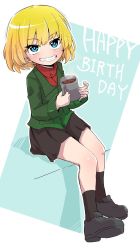 Rule 34 | 1girl, black footwear, black skirt, black socks, blonde hair, blue eyes, blush, bob (you-u-kai), commentary, cup, english text, full body, girls und panzer, green background, green jacket, grin, happy birthday, highres, holding, holding cup, invisible chair, jacket, katyusha (girls und panzer), loafers, long sleeves, looking at viewer, miniskirt, mug, outline, pleated skirt, pravda school uniform, red shirt, school uniform, shadow, shirt, shoes, short hair, sitting, skirt, smile, socks, solo, turtleneck, white outline