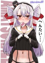Rule 34 | 1girl, absurdres, amatsukaze (kancolle), amatsukaze kai ni (kancolle), black dress, brown eyes, character name, clothes lift, condom, condom wrapper, cowboy shot, dress, dress lift, garter straps, gloves, grey hair, grey neckerchief, hair tubes, hat, highres, kantai collection, kitahama (siroimakeinu831), long hair, looking at viewer, mini hat, mouth hold, neckerchief, one-hour drawing challenge, sailor collar, sailor dress, short dress, smokestack hair ornament, solo, text background, twitter username, two side up, white background, white gloves, white sailor collar