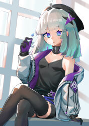 Rule 34 | 1girl, aa-12 (girls&#039; frontline), absurdres, antenna hair, black gloves, black thighhighs, blue eyes, breasts, candy, food, girls&#039; frontline, gloves, grey hair, hat, highres, jacket, lollipop, nitoron, short shorts, shorts, sitting, small breasts, solo, star (symbol), thighhighs, white jacket, window