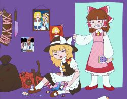 Rule 34 | 2girls, apron, black headwear, black vest, blonde hair, blood, bloodborne, bloody weapon, bow, braid, brown eyes, brown footwear, brown hair, chainsaw, clenched teeth, collared shirt, commentary, cookie (touhou), detached sleeves, frilled bow, frilled hair tubes, frilled shirt, frills, full body, glue, grater, hair bow, hair tubes, hakurei reimu, hat, hat bow, heart, heart hands, heart hands duo, highres, hita (hizokuseikogeki), holding, izayoi sakuya, joker (cookie), kirisame marisa, knife, long hair, looking at another, manatsu no yo no inmu, mizuhashi parsee, multiple girls, necktie, one eye closed, open mouth, photo (object), pink apron, power tool, red bow, red footwear, red shirt, red skirt, rurima (cookie), ryuuga (cookie), saw, saw cleaver, scissors, shirt, shoes, side braid, single braid, sitting, skirt, sleeveless, sleeveless shirt, socks, standing, star (symbol), suzu (cookie), tape, teeth, touhou, trash bag, vest, weapon, white bow, white legwear, white sleeves, witch hat, yellow necktie