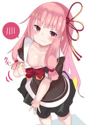 Rule 34 | 1girl, absurdres, bike shorts, black shorts, black skirt, blush, bow, breasts, brown shirt, closed mouth, collarbone, commentary request, downblouse, hair ribbon, highres, kotonoha akane, long hair, looking at viewer, pink eyes, pink hair, pleated skirt, puffy short sleeves, puffy sleeves, pulled by self, red bow, red ribbon, ribbon, shirt, short shorts, short sleeves, shorts, skirt, small breasts, solo, spoken blush, sweat, te toga, very long hair, voiceroid, wavy mouth, white background