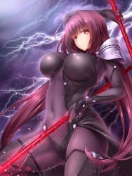Rule 34 | 1girl, armor, bad id, bad twitter id, blush, bodysuit, breasts, covered navel, dual wielding, fate/grand order, fate (series), gae bolg (fate), highres, holding, holding weapon, large breasts, lightning, long hair, looking at viewer, midoriiro no shinzou, pauldrons, polearm, purple bodysuit, purple hair, red eyes, scathach (fate), scathach (fate), shoulder armor, solo, sparkle, spear, weapon