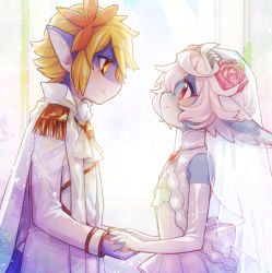 Rule 34 | 1boy, 1girl, ascot, backlighting, blonde hair, bridal veil, brooch, cape, cat girl, couple, dragon boy, dress, elbow gloves, flower, formal, from side, furry, furry female, furry with furry, gloves, hair flower, hair ornament, hetero, high collar, holding hands, interspecies, jewelry, looking at another, original, pink flower, pink rose, profile, red eyes, rose, sleeveless, sleeveless dress, smile, suit, veil, wedding, wedding dress, white cape, white gloves, white hair, white neckwear, white suit, yadayada, yellow eyes