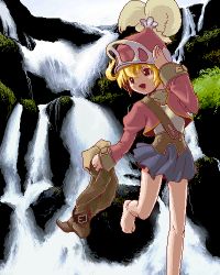 Rule 34 | 1boy, ahoge, barefoot, blonde hair, boots, buckle, crossdressing, final fantasy, final fantasy tactics, helmet, holding, holding shoes, legs, lipstick, lowres, makeup, male focus, mikuni aoi, miniskirt, oekaki, onion knight, onion knight (fft), outdoors, ramza beoulve, shoes, skirt, solo, trap, water, waterfall
