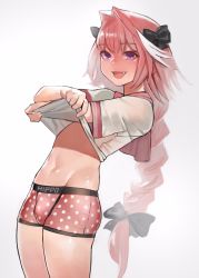 Rule 34 | 1boy, astolfo (fate), astolfo (sailor paladin) (fate), bad id, bad twitter id, black bow, blush, bow, boxer briefs, braid, bulge, clothes lift, commentary request, cowboy shot, fang, fate/apocrypha, fate/grand order, fate (series), grey background, hair intakes, hair ribbon, highres, legs together, lifted by self, long hair, looking at viewer, male focus, male underwear, multicolored hair, navel, no pants, official alternate costume, open mouth, pink hair, polka dot, purple eyes, ribbon, school uniform, serafuku, shirt lift, short sleeves, simple background, single braid, solo, standing, streaked hair, trap, underwear, very long hair, white hair, yomu (sgt epper)