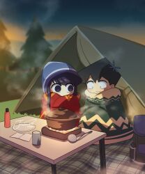 Rule 34 | 1boy, 1girl, absurdres, artist name, beanie, black hair, blanket, blush, camping, chibi, closed mouth, cooking, cooking pot, covering with blanket, cup, dusk, forehead, grass, hair ornament, hat, highres, hill, j humbo, komi-san wa komyushou desu, komi shouko, ladle, long hair, looking at another, outdoors, pine tree, plaid blanket, plate, short hair, small pupils, steam, sunset, table, tadano hitohito, tent, tree, under covers, wide-eyed