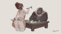 Rule 34 | 1boy, 1girl, 2017, alternate costume, apron, ass, bent over, black-framed eyewear, breasts, brown hair, chopsticks, cowboy shot, cup, dated, drinking glass, elbow gloves, enmaided, feeding, food, from behind, gaoerji, glasses, gloves, gorilla, hair bun, hair ornament, hair stick, highres, holding, holding food, large breasts, leaning forward, looking at another, maid, maid apron, maid headdress, mei (overwatch), miniskirt, naked apron, overwatch, overwatch 1, panties, plate, short hair, shoulder blades, sideboob, signature, simple background, single hair bun, sitting, skirt, standing, table, thighhighs, thong, trembling, underwear, white background, white gloves, white panties, white thighhighs, winston (overwatch)