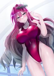 Rule 34 | 1girl, breasts, cameltoe, competition swimsuit, covered navel, cowboy shot, baobhan sith (fate), fate/grand order, fate (series), grey eyes, hair intakes, highleg, highleg swimsuit, highres, large breasts, long hair, nail polish, one-piece swimsuit, pointy ears, red hair, red nails, red one-piece swimsuit, sidelocks, solo, standing, swimsuit, very long hair, wet, wet clothes, wet swimsuit, yumeneko nyaa