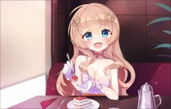 Rule 34 | 1girl, :d, anemielle, bare shoulders, bell, blonde hair, blue eyes, blush, booth seating, breasts, cake, cake slice, choker, cleavage, commentary, english commentary, fnc (girls&#039; frontline), fnc (strawberry cake &amp; garden cosmos) (girls&#039; frontline), food, fork, girls&#039; frontline, gloves, hair between eyes, hair ornament, holding, holding fork, indoors, large breasts, long hair, looking at viewer, neck bell, official alternate costume, open mouth, plate, sitting, smile, solo, sparkle, table, white gloves
