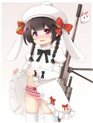 Rule 34 | 1girl, animal ears, animal hat, blush, bow, braid, brown background, brown hair, charm (object), clothes lift, commentary, dress, dress lift, fang, girls&#039; frontline, hat, hat bow, head tilt, ikazu401, layered sleeves, lifted by self, long hair, long sleeves, looking at viewer, low twintails, m99 (girls&#039; frontline), m99 (rabbit squad) (girls&#039; frontline), name connection, nose blush, object namesake, official alternate costume, open mouth, panties, puffy short sleeves, puffy sleeves, purple eyes, rabbit ears, rabbit hat, red bow, short over long sleeves, short sleeves, solo, striped bow, striped clothes, striped panties, thighhighs, twin braids, twintails, two-tone background, underwear, white background, white dress, white hat, white thighhighs, zijiang m99