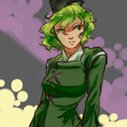 Rule 34 | 1girl, abstract background, cross-laced clothes, dilaih, green eyes, green hair, hat, long sleeves, looking at viewer, matching hair/eyes, messy hair, soga no tojiko, solo, touhou, tunic, upper body