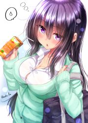 Rule 34 | 1girl, bag, black hair, blue background, blush, box, breasts, cardigan, cleavage, collared shirt, drinking straw, gradient background, green cardigan, hair between eyes, highres, holding, holding bag, holding box, juice box, large breasts, lens flare, long hair, long sleeves, looking at viewer, mokufuu, open mouth, original, purple eyes, shirt, solo, spoken sweatdrop, sweatdrop, white background, white shirt