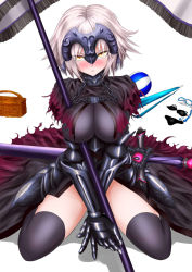 Rule 34 | 1girl, :&lt;, armor, armored dress, ball, basket, beachball, bikini, black bikini, black dress, black thighhighs, blush, breasts, capelet, chain, covering crotch, covering privates, dress, fate/grand order, fate (series), flag, flagpole, gauntlets, goggles, headpiece, highres, jeanne d&#039;arc (fate), jeanne d&#039;arc alter (avenger) (fate), jeanne d&#039;arc alter (fate), large breasts, sheath, sheathed, short hair, silver hair, sitting, snorkel, solo, sweatdrop, swimsuit, sword, tanishi (pkmjnhb), tears, thighhighs, tope suicida (tanishi), unworn bikini, unworn swimsuit, wariza, weapon, yellow eyes