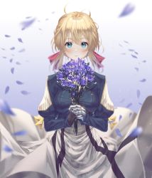 Rule 34 | 10s, 1girl, blonde hair, blue background, blue eyes, blue flower, blush, bouquet, breasts, closed mouth, expressionless, eyelashes, flower, gauntlets, gloves, gradient background, hair between eyes, hair ribbon, holding, holding flower, juliet sleeves, kinty, long sleeves, looking at viewer, medium breasts, own hands together, petals, puffy sleeves, red ribbon, ribbon, single gauntlet, single glove, skirt, solo, uniform, violet evergarden, violet evergarden (series), white skirt, wind