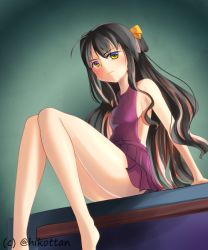 Rule 34 | 10s, 1girl, alternate costume, backless outfit, bare arms, bare legs, bare shoulders, black hair, breasts, clothing cutout, hair ribbon, halterneck, kantai collection, knees together feet apart, long hair, looking at viewer, multicolored hair, naganami (kancolle), pleated skirt, ponytail, ribbon, side cutout, sideboob, sitting, skirt, sleeveless, small breasts, solo, twitter username, yellow eyes, yoshizawa hikoto